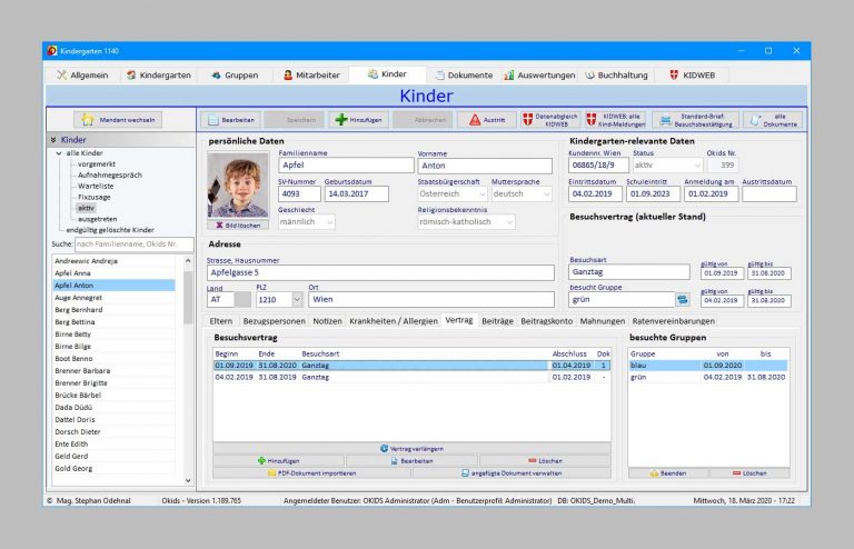 OKIDS Kindergartenverwaltung | Screenshot Kinder Tagesdokumentation